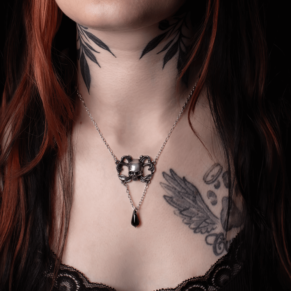 Sweet Death Skull Pendant with Black Crystal Drop