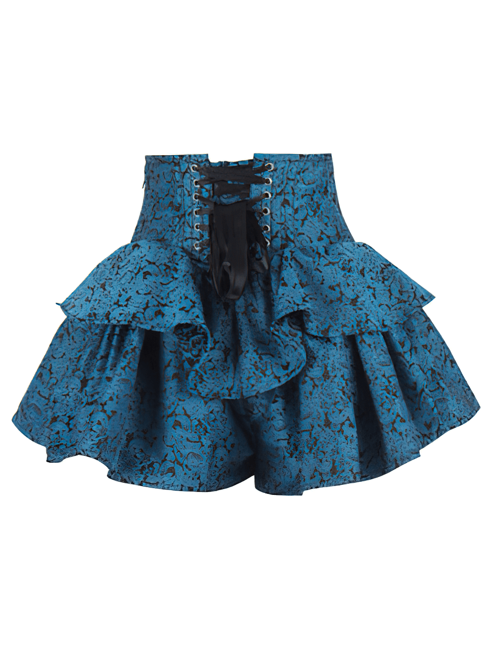 Teal Blue Brocade Corset Mini Skirt with Layered Ruffles