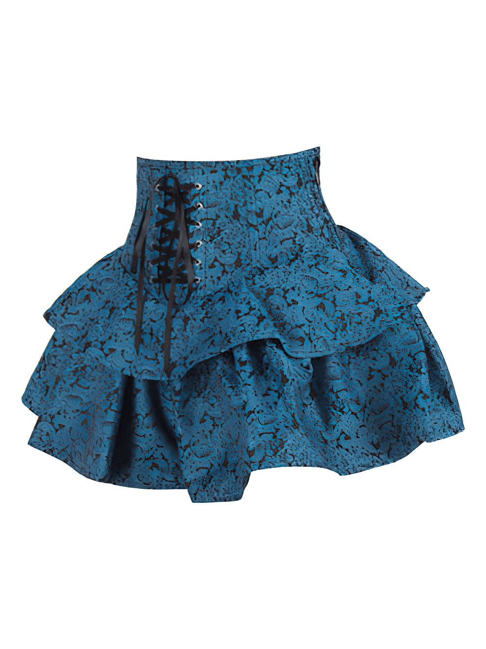 Teal Blue Brocade Corset Mini Skirt with Layered Ruffles