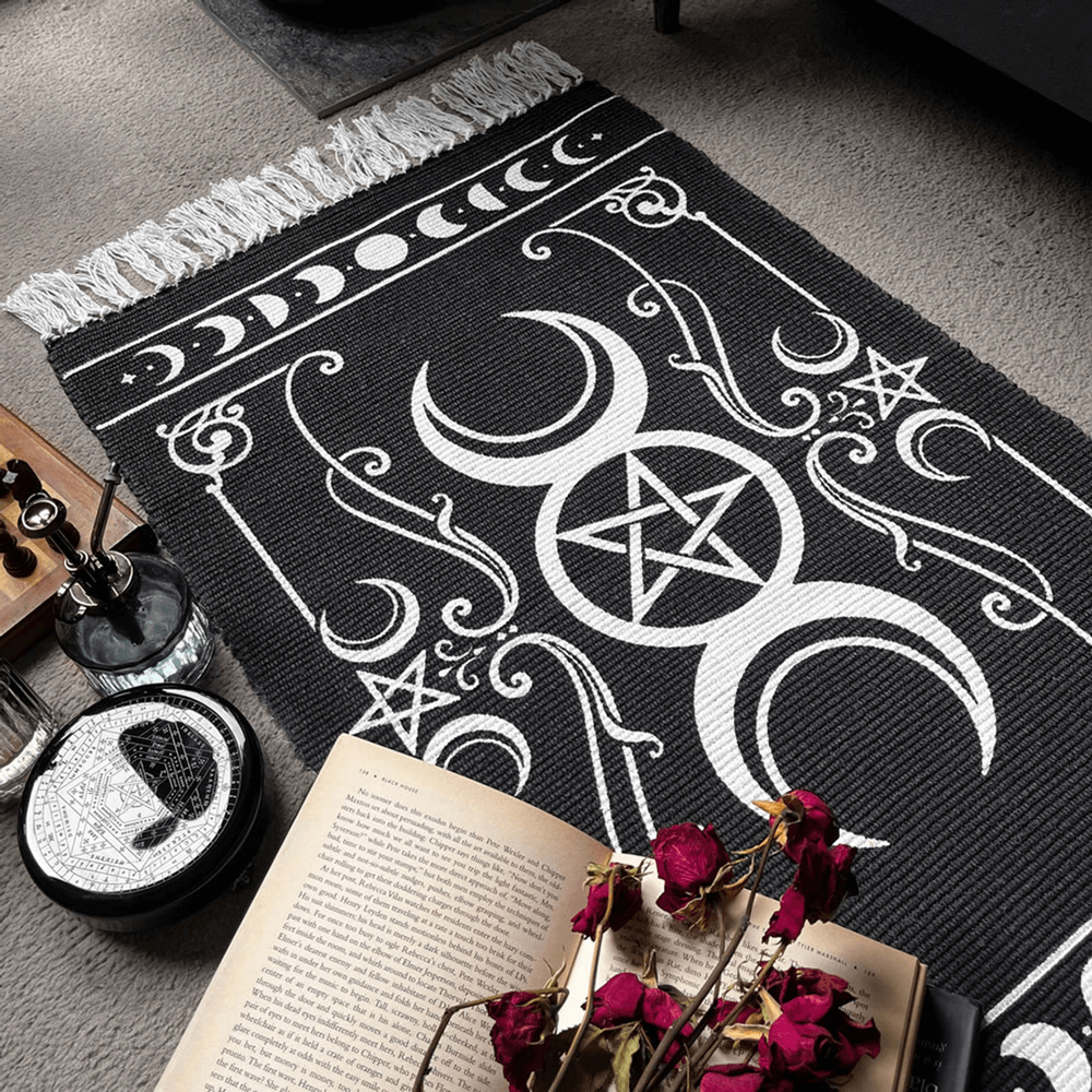 Triple Moon Pentacle Rug for Wiccan Altars and Decor
