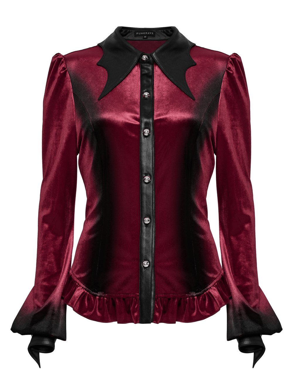 Velvet Batwing Collar Shirt with Lace-Up Back and Ruffle Hem