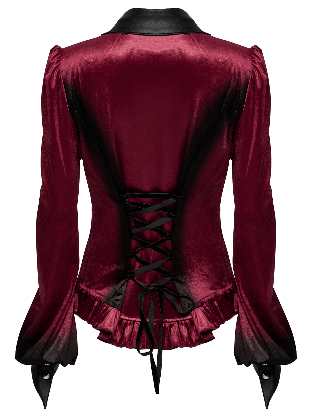 Velvet Batwing Collar Shirt with Lace-Up Back and Ruffle Hem