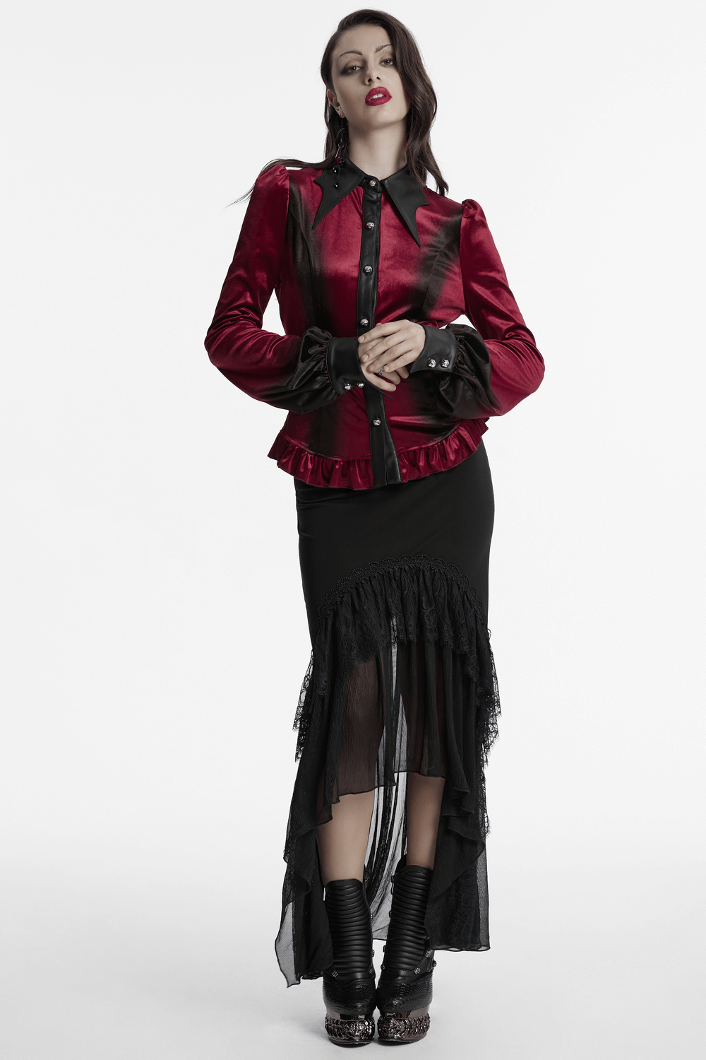Velvet Batwing Collar Shirt with Lace-Up Back and Ruffle Hem