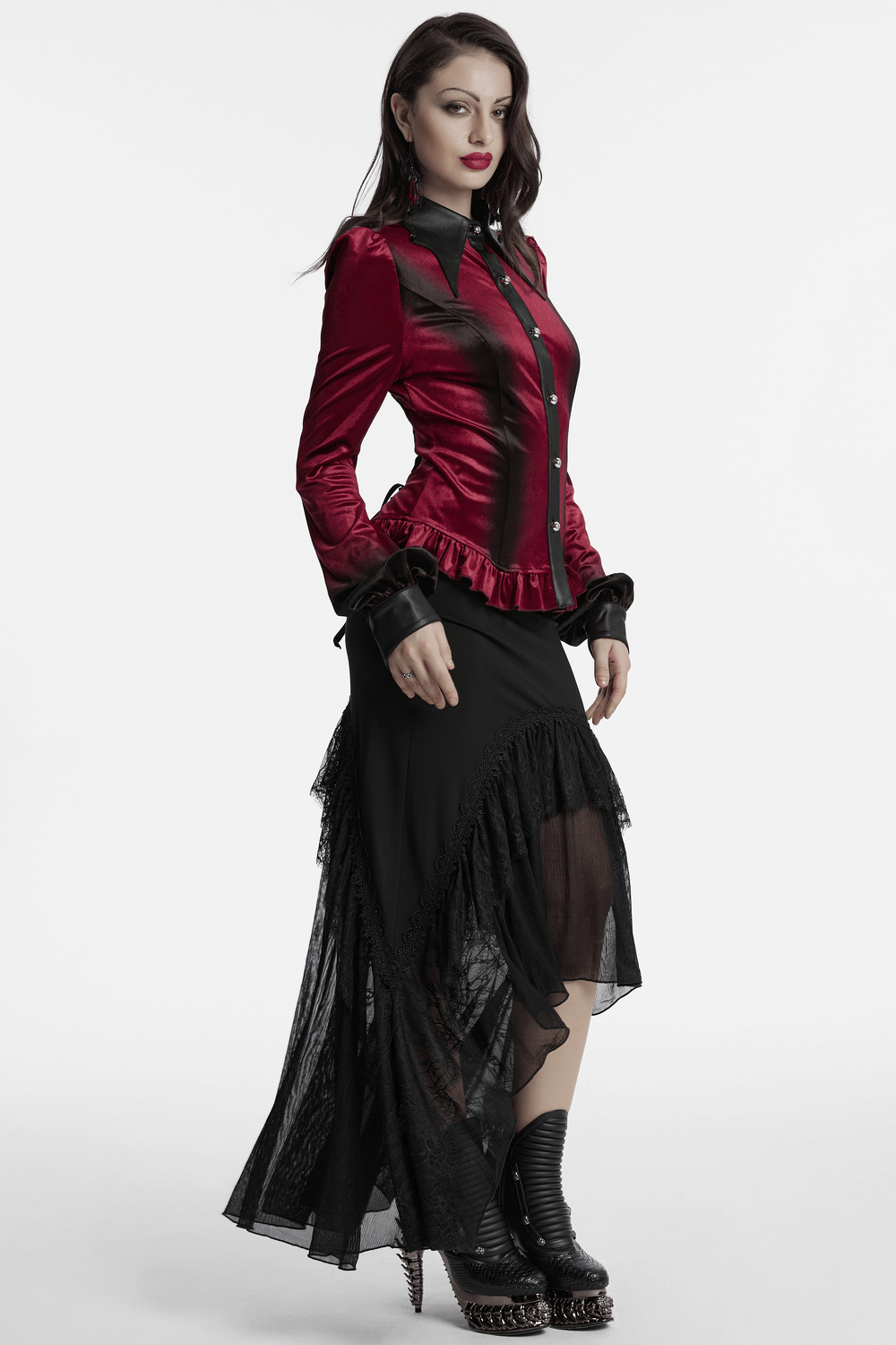 Velvet Batwing Collar Shirt with Lace-Up Back and Ruffle Hem