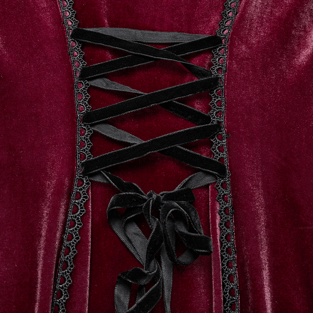 Velvet Dress with Lace Bell Sleeves and Rose Embroidery