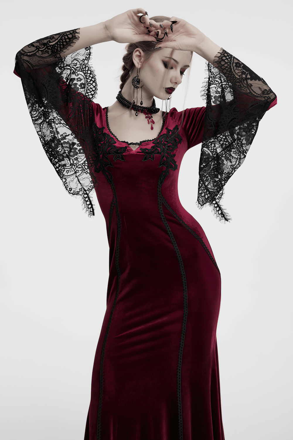 Velvet Dress with Lace Bell Sleeves and Rose Embroidery