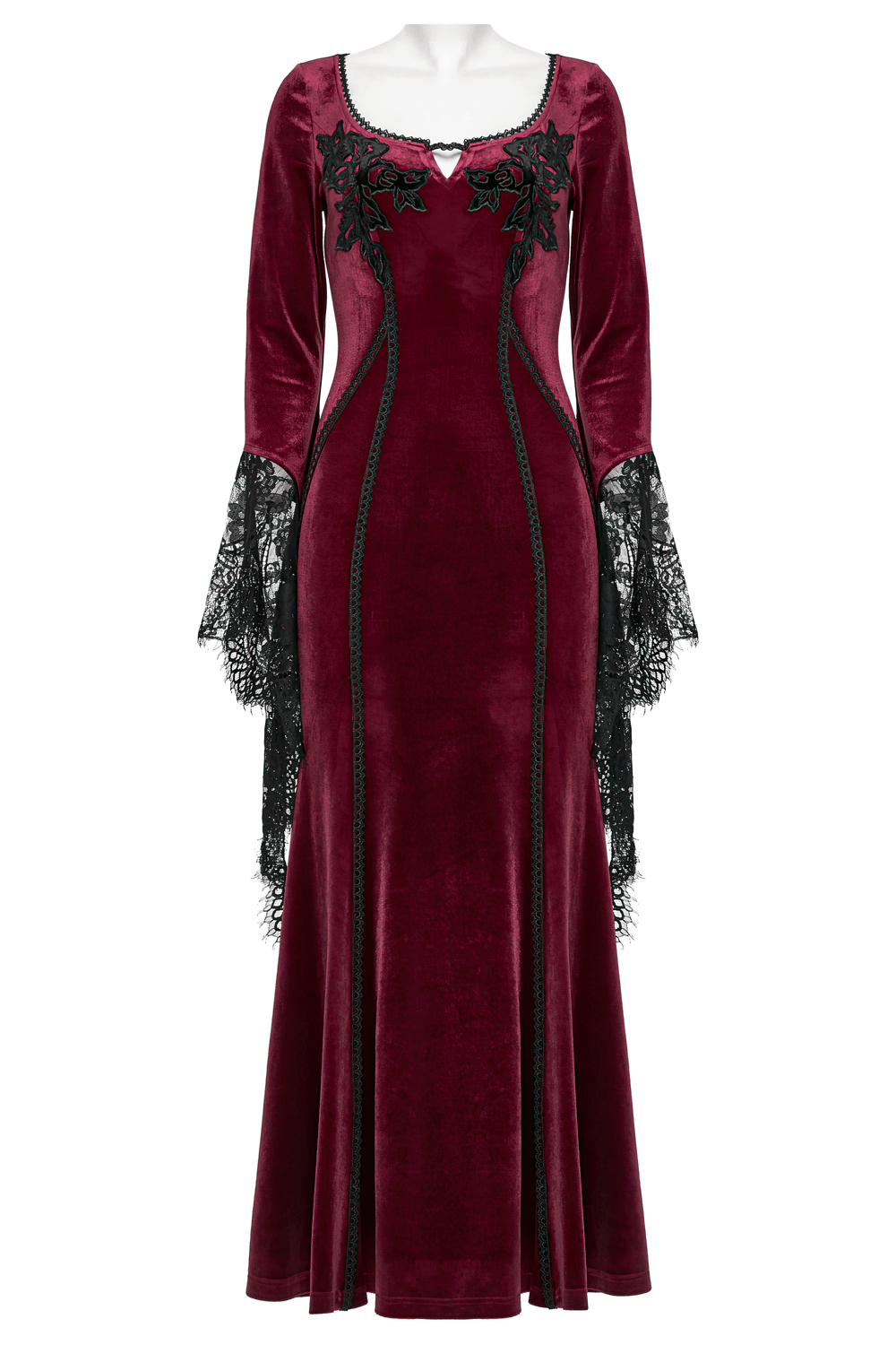 Velvet Dress with Lace Bell Sleeves and Rose Embroidery