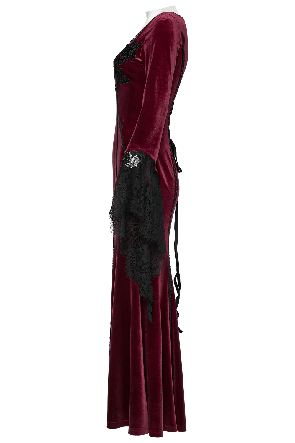 Velvet Dress with Lace Bell Sleeves and Rose Embroidery