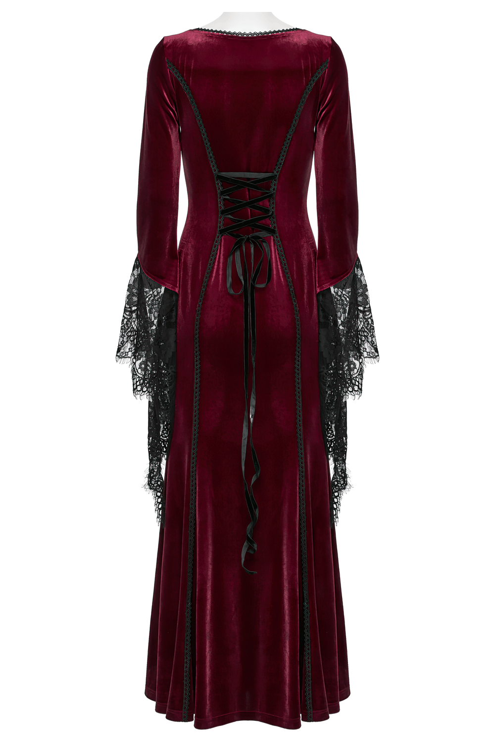 Velvet Dress with Lace Bell Sleeves and Rose Embroidery