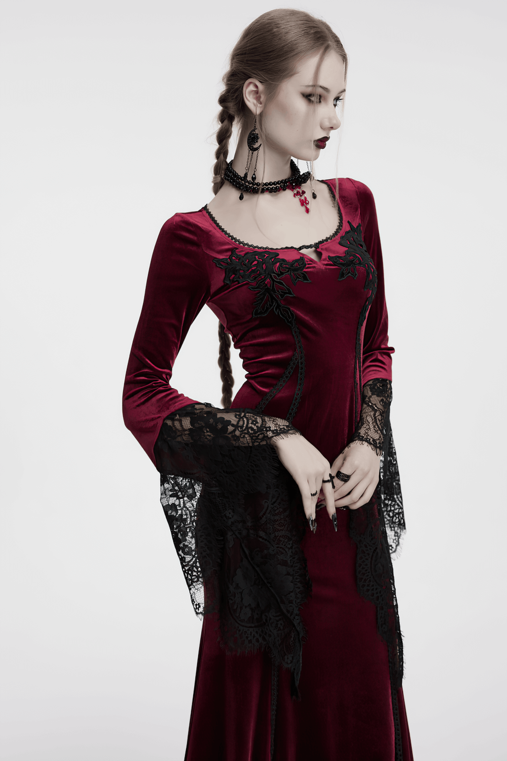 Velvet Dress with Lace Bell Sleeves and Rose Embroidery