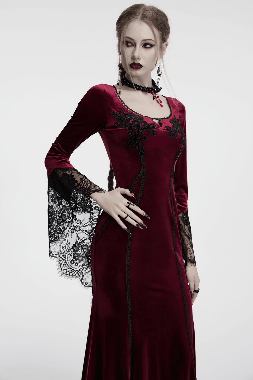 Velvet Dress with Lace Bell Sleeves and Rose Embroidery