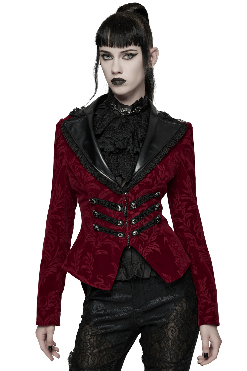 Velvet Embossed Jacket with Leather Details and Lace