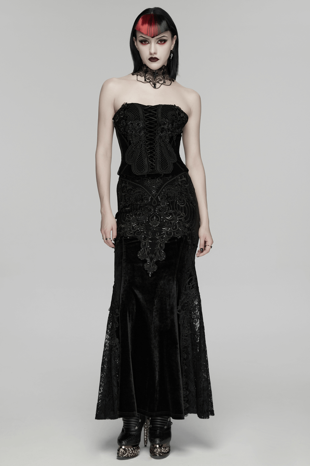 Velvet Goth Skirt with Lace and Sequin Embroidered Detailing