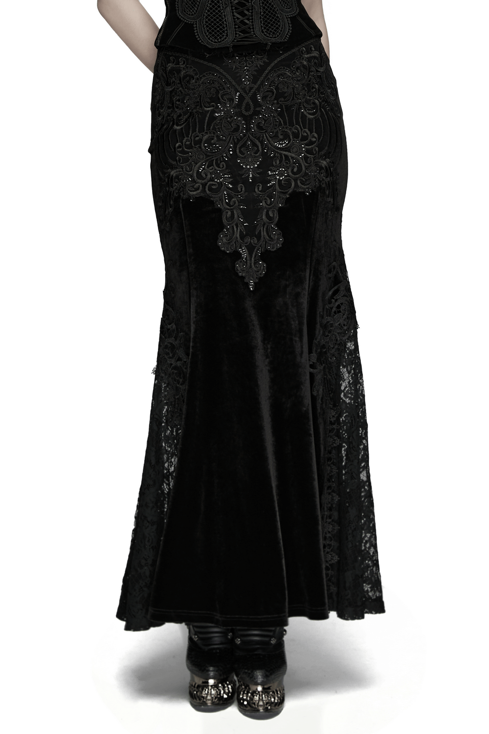 Velvet Goth Skirt with Lace and Sequin Embroidered Detailing