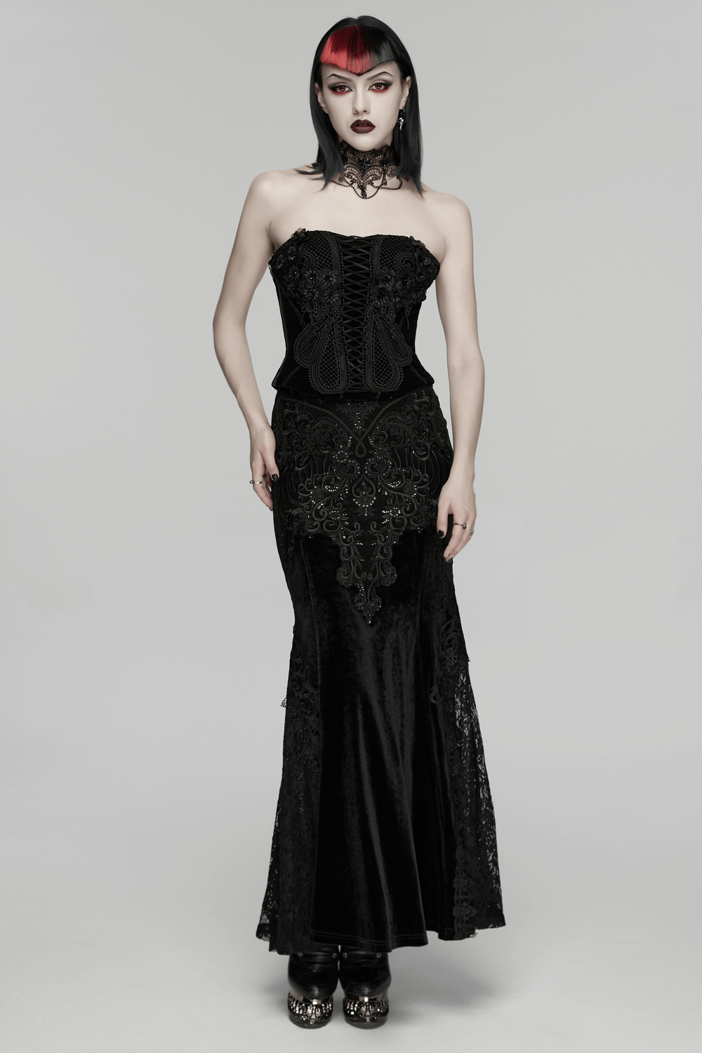 Velvet Goth Skirt with Lace and Sequin Embroidered Detailing