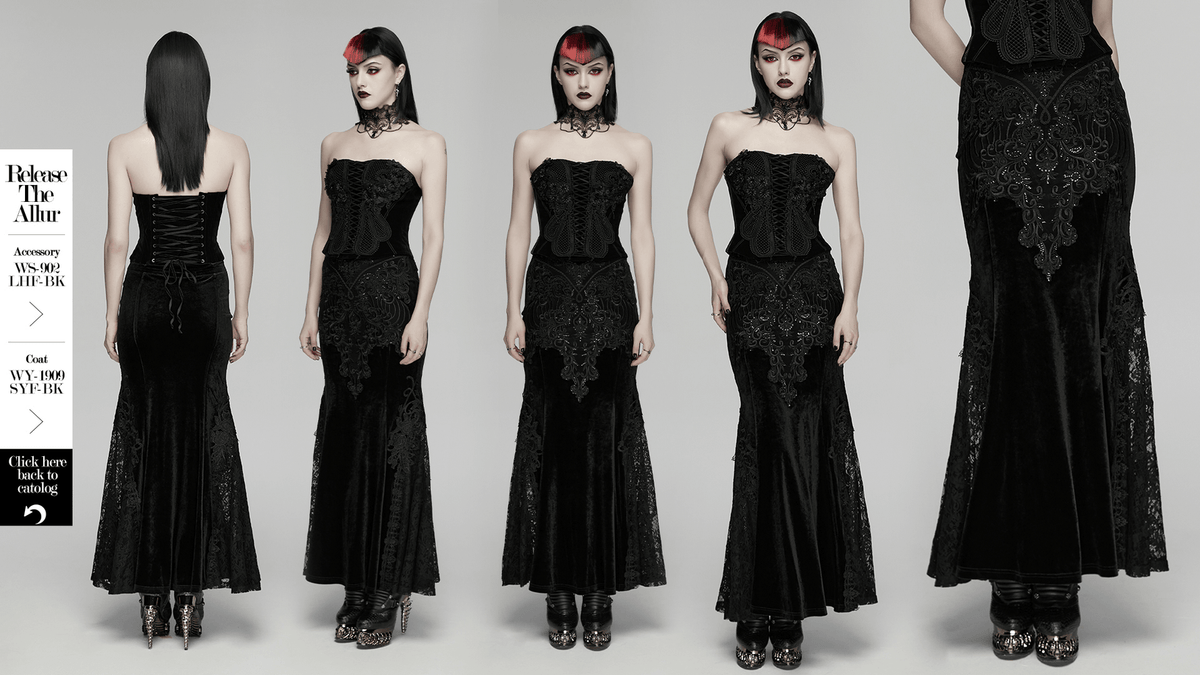 Velvet Goth Skirt with Lace and Sequin Embroidered Detailing
