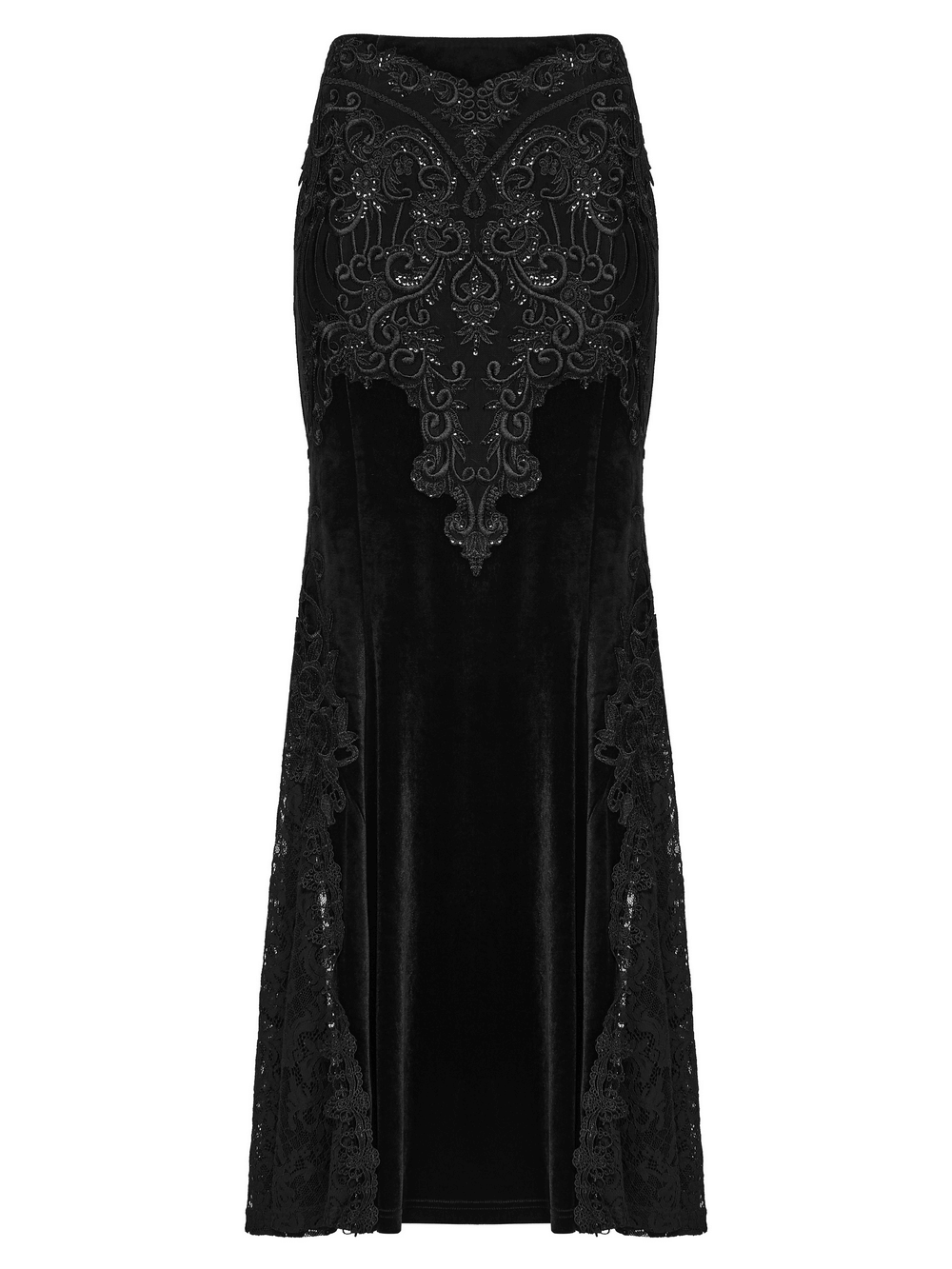 Velvet Goth Skirt with Lace and Sequin Embroidered Detailing