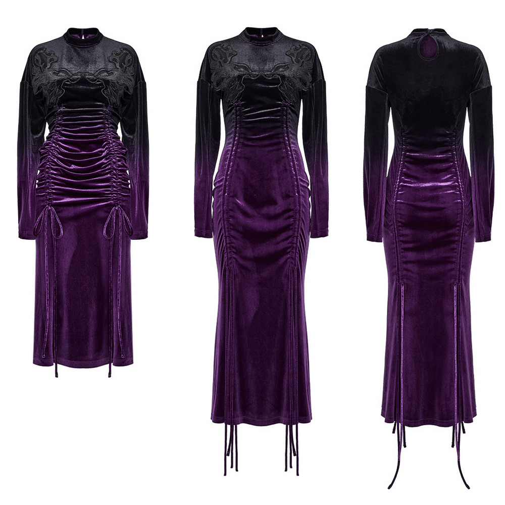 US SALE of Velvet Gothic Gradient Dress with Adjustable Drawstring