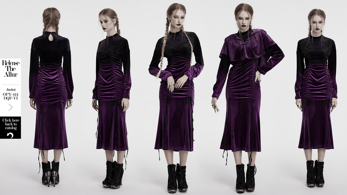 US SALE of Velvet Gothic Gradient Dress with Adjustable Drawstring
