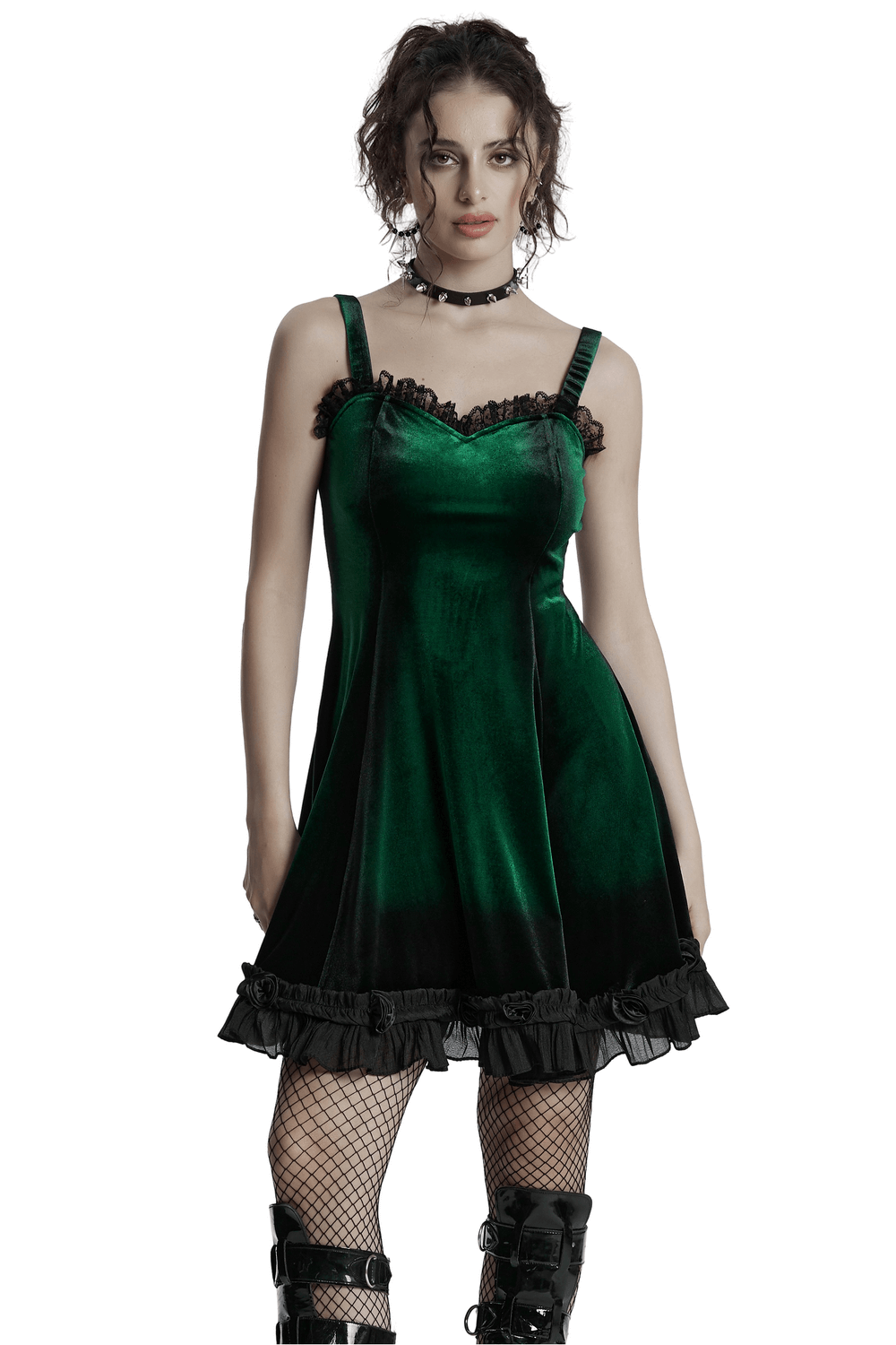 Velvet Gradient Printed Dress with Lace and Ruffle Details