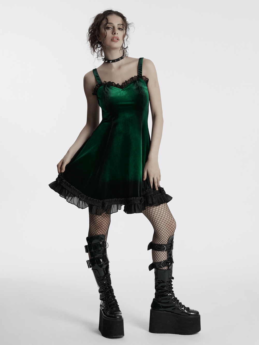 Velvet Gradient Printed Dress with Lace and Ruffle Details
