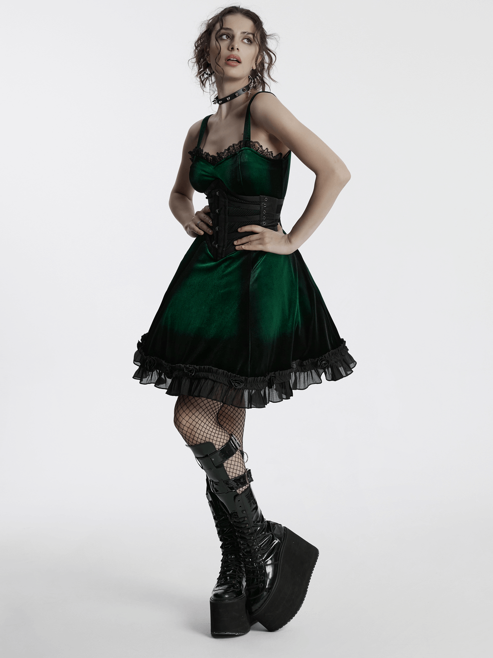 Velvet Gradient Printed Dress with Lace and Ruffle Details
