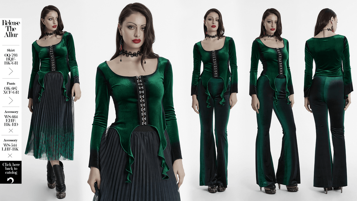 Velvet Gradient Top with Metal Buckles and Square Collar