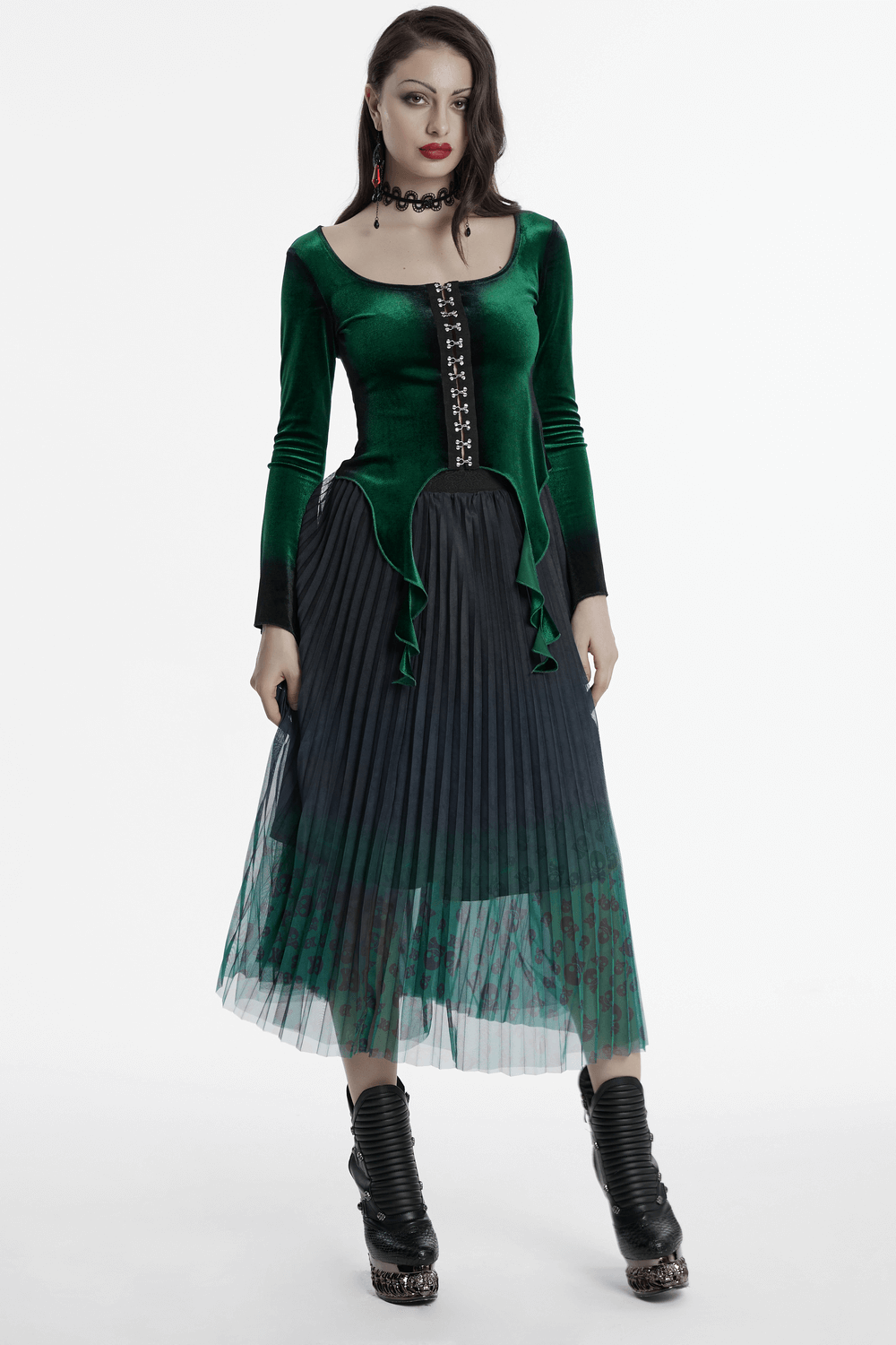 Velvet Gradient Top with Metal Buckles and Square Collar
