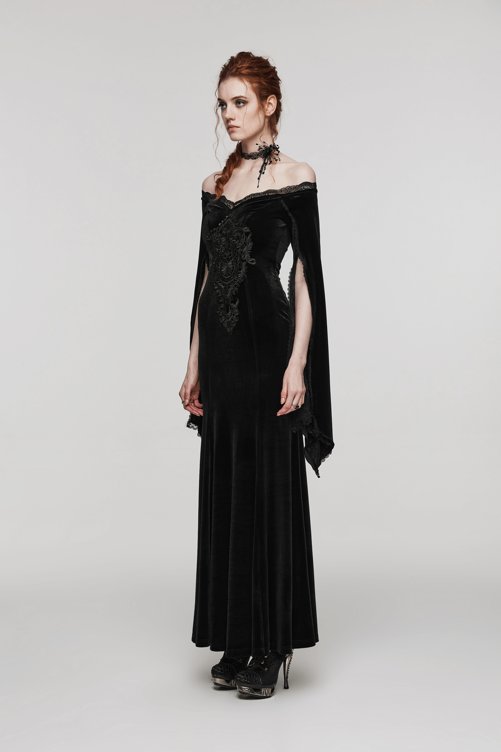 Velvet Lace Goth Dress with Decal and Split Sleeves