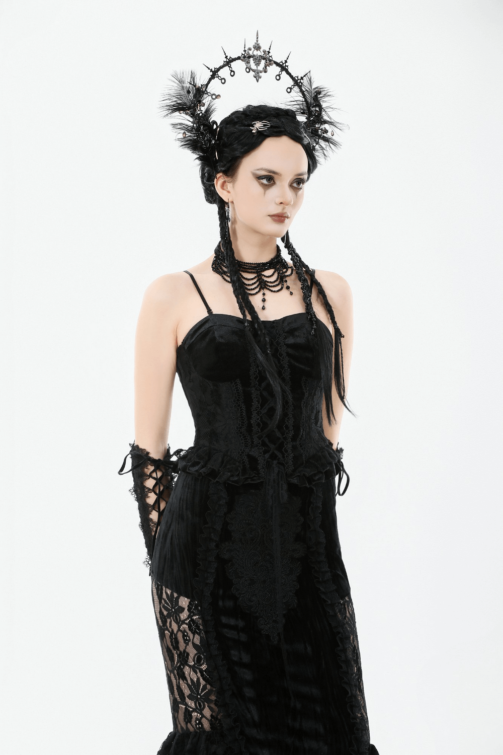 Velvet Lace Ruffled Bustier with Lace Trim and Lace-Up Back