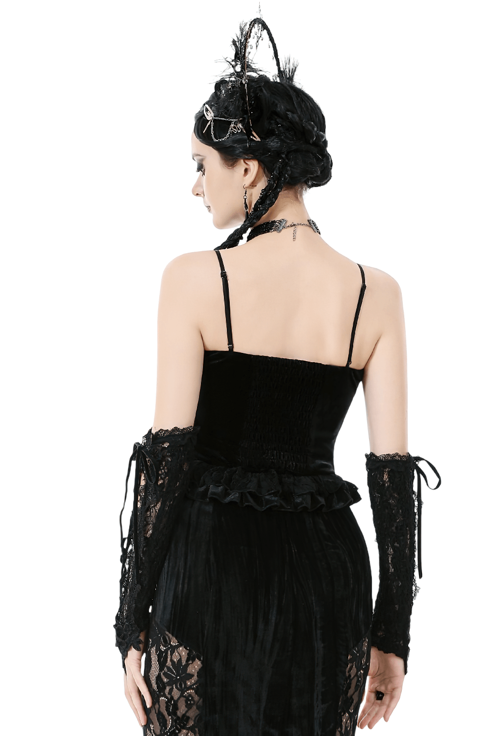 Velvet Lace Ruffled Bustier with Lace Trim and Lace-Up Back