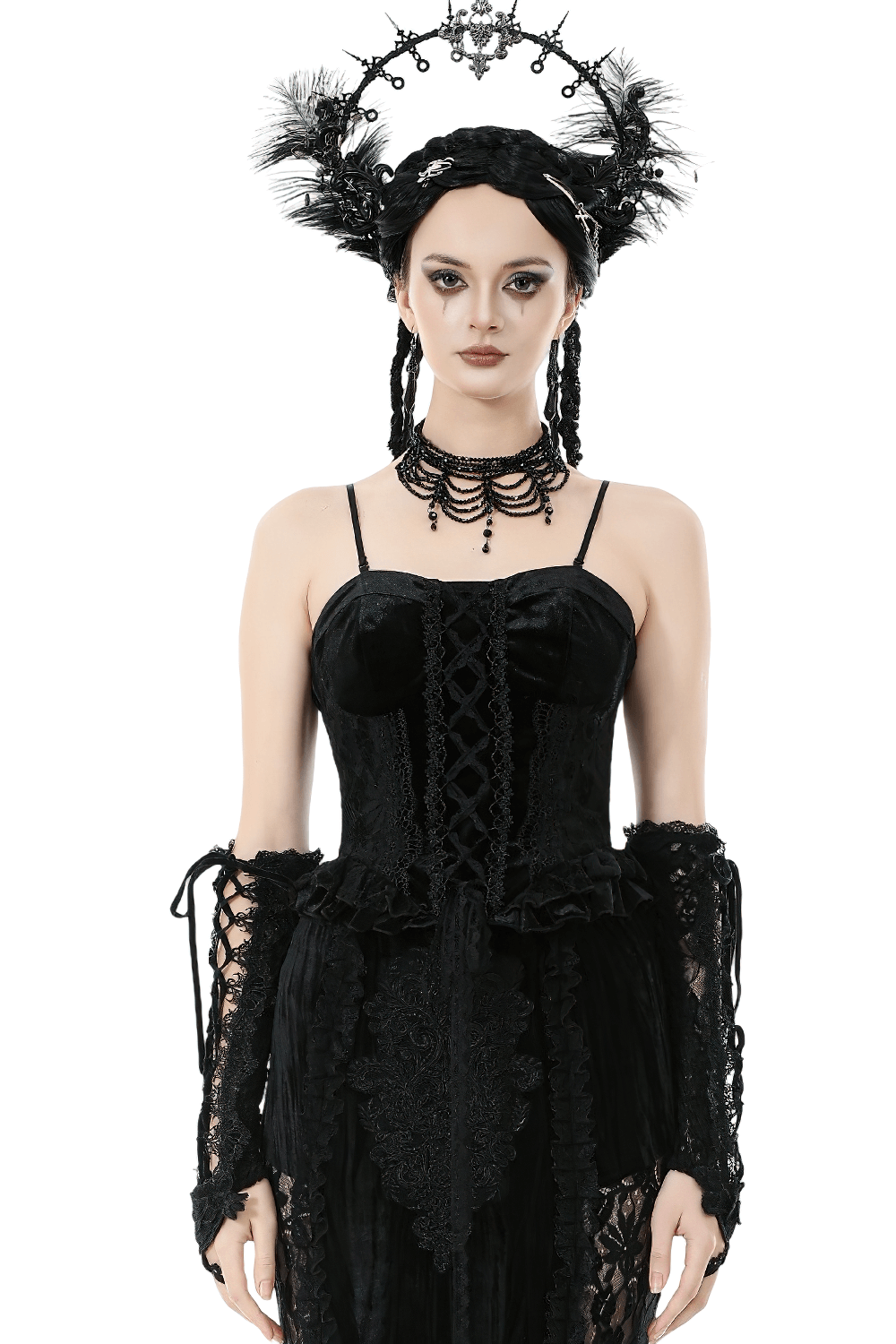 Velvet Lace Ruffled Bustier with Lace Trim and Lace-Up Back