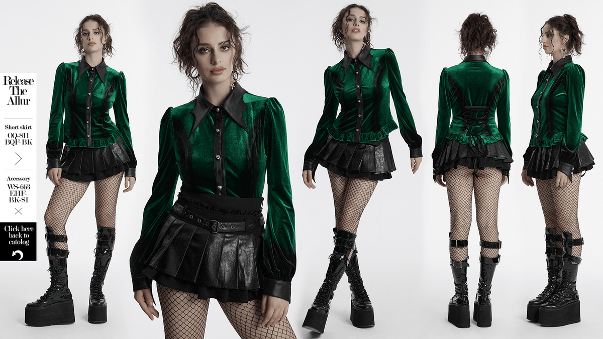 Velvet Lace-Up Shirt with Bat Collar and Gradient Design