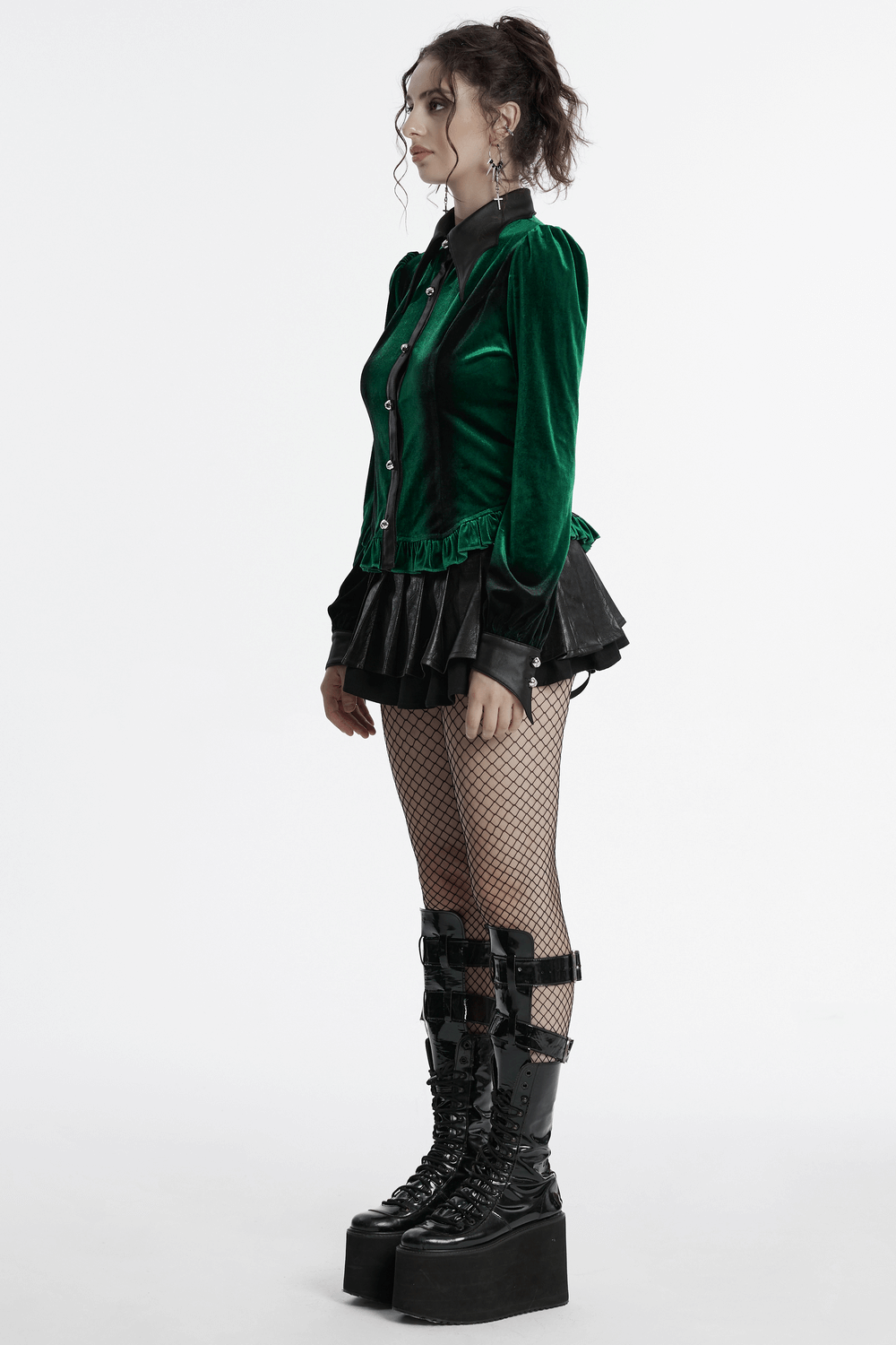 Velvet Lace-Up Shirt with Bat Collar and Gradient Design