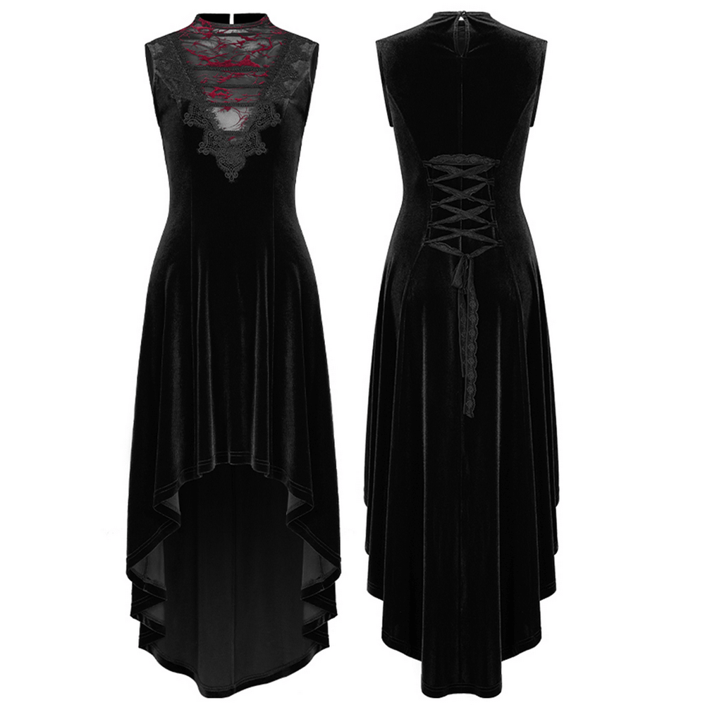 Velvet Mesh Gothic Sleeveless Irregular Hem High-Low Dress