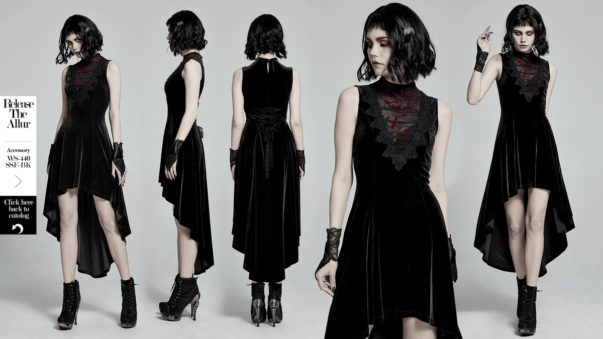 Velvet Mesh Gothic Sleeveless Irregular Hem High-Low Dress