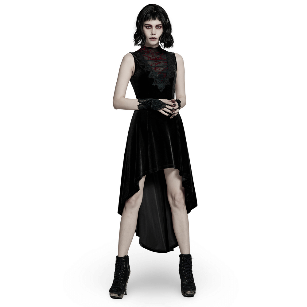 Velvet Mesh Gothic Sleeveless Irregular Hem High-Low Dress