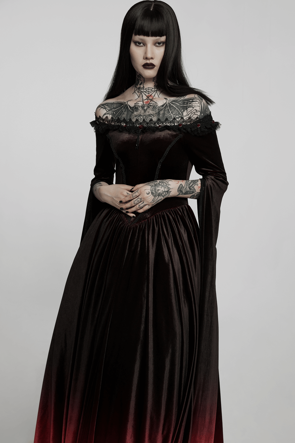 Velvet Off-Shoulder Red Gradient Medieval Dress