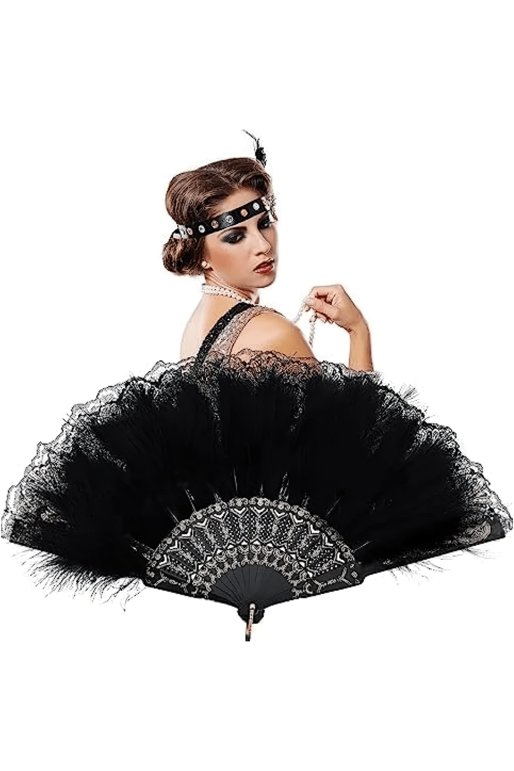 Victorian Black Feather Hand Fan for Gothic Party