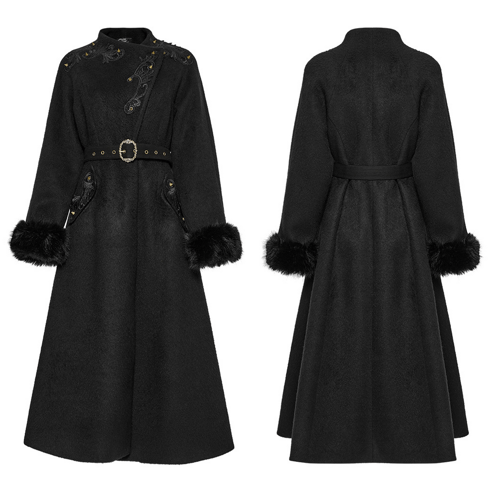 Victorian Black Long Coat with Belt and Fur Cuffs