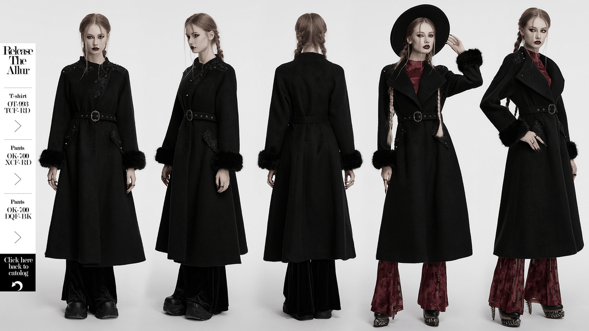Victorian Black Long Coat with Belt and Fur Cuffs