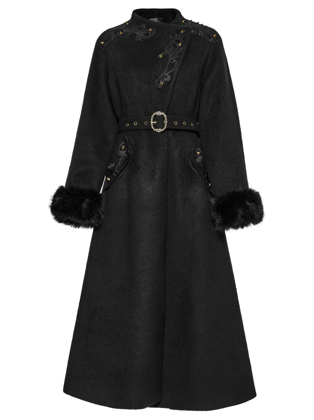 Victorian Black Long Coat with Belt and Fur Cuffs
