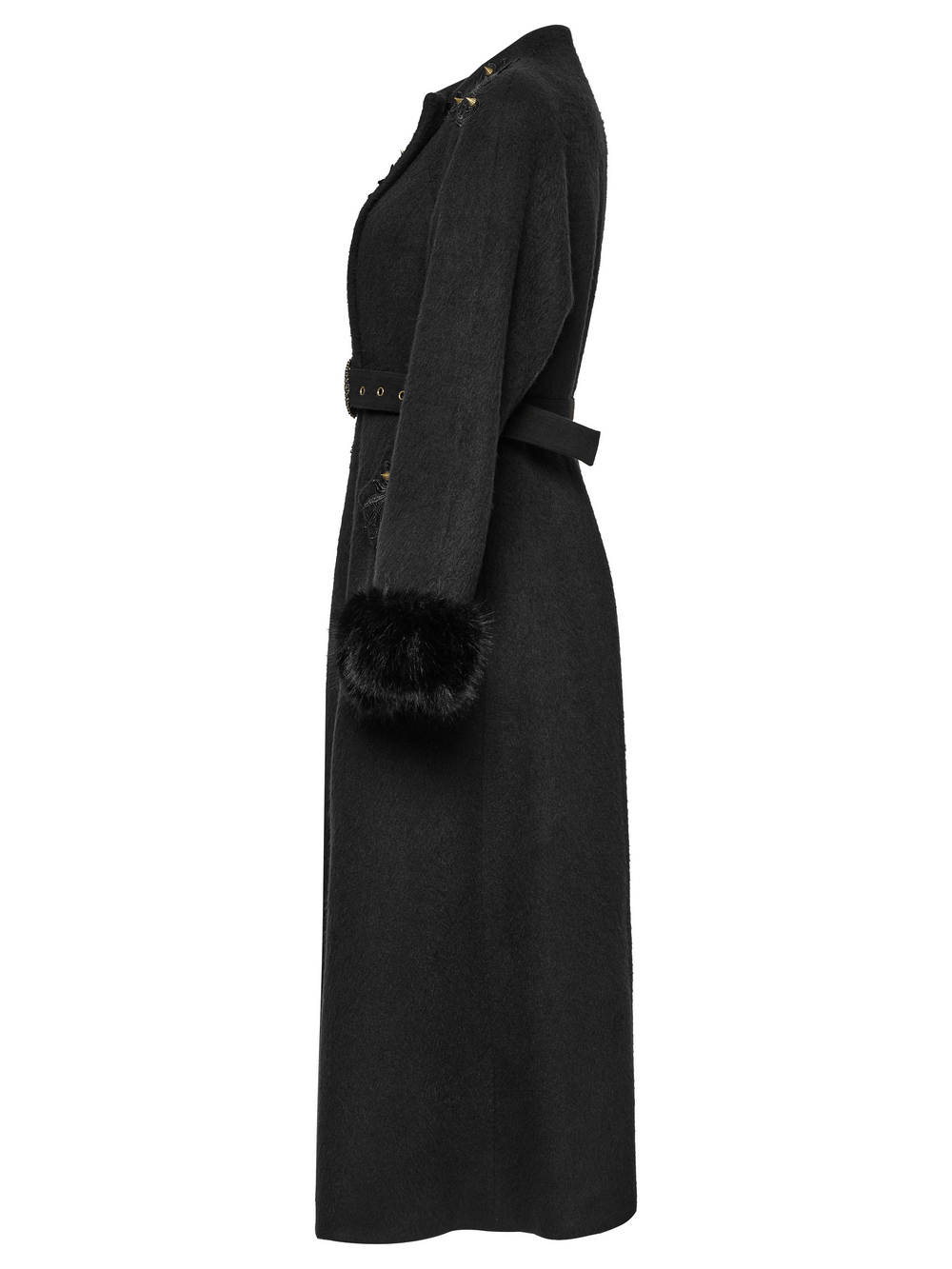 Victorian Black Long Coat with Belt and Fur Cuffs