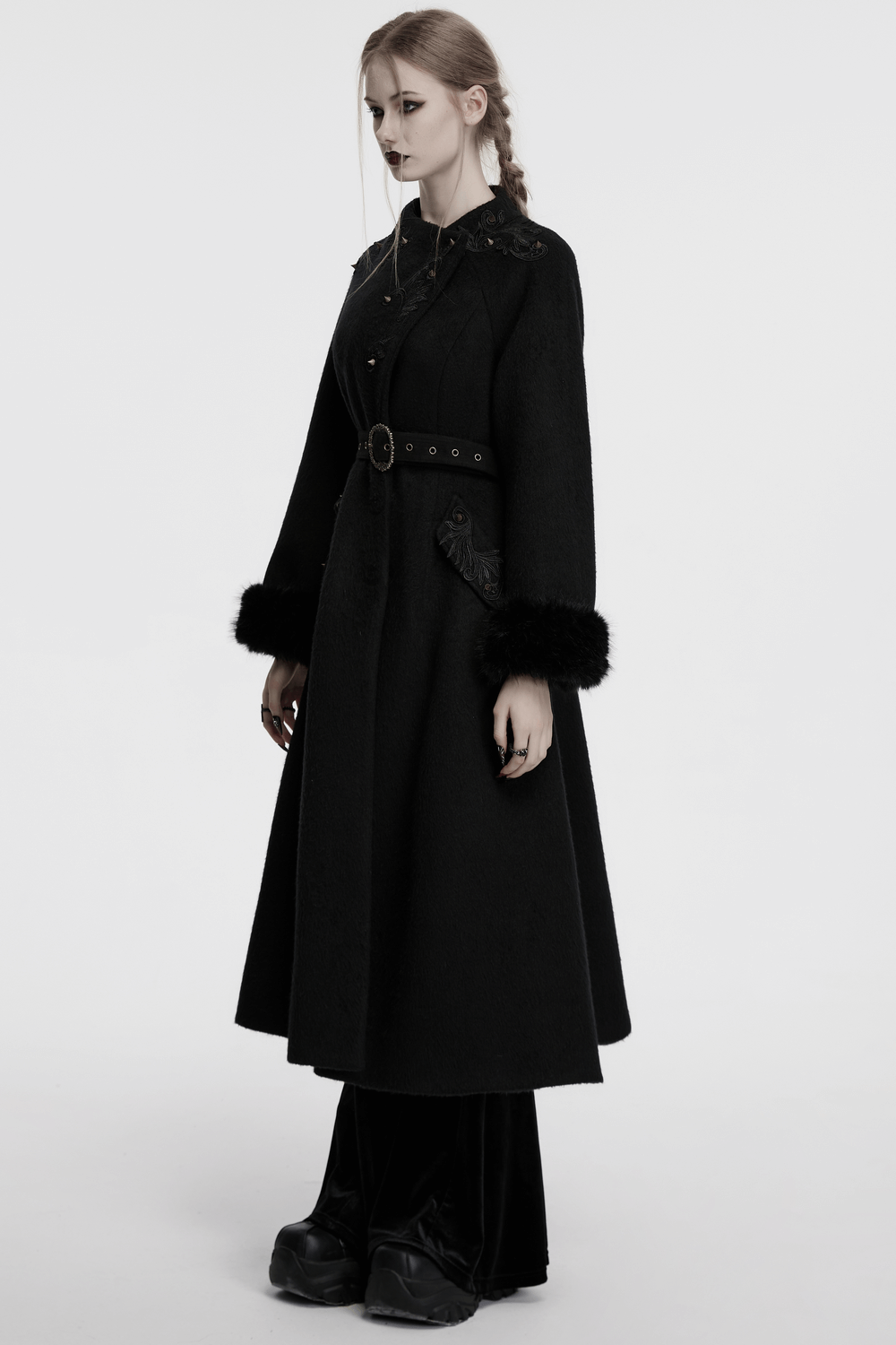 Victorian Black Long Coat with Belt and Fur Cuffs