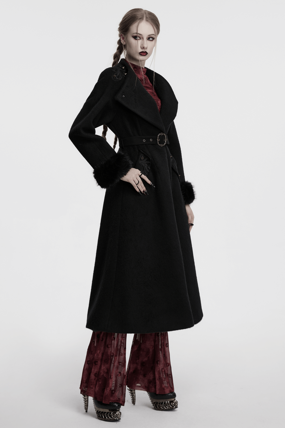 Victorian Black Long Coat with Belt and Fur Cuffs