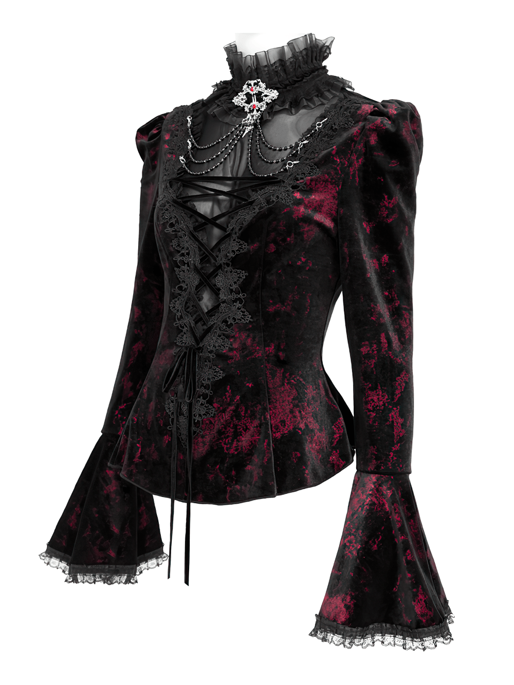 Victorian Burgundy Velvet Lace-Up Bell Sleeve Top
