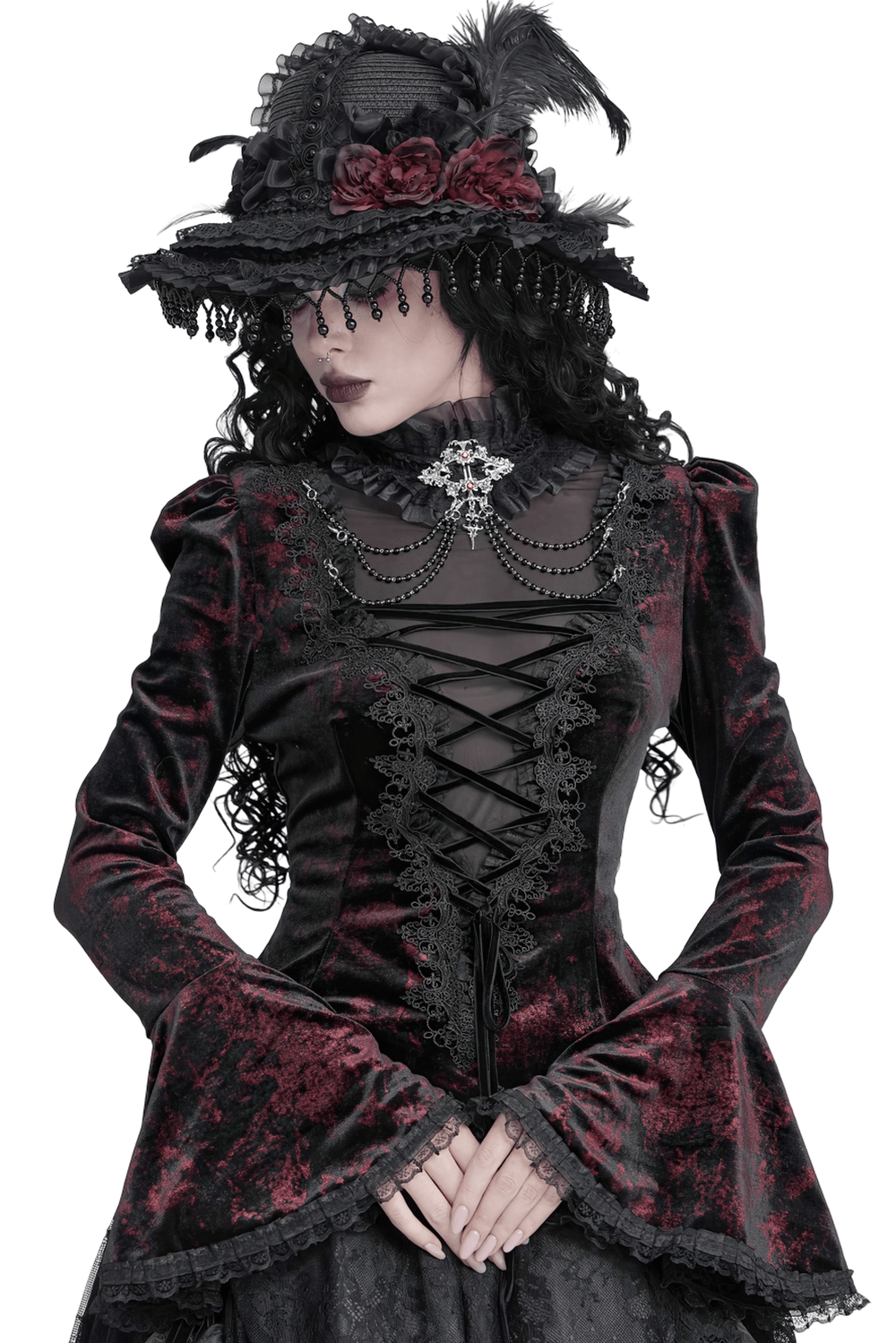 Victorian Burgundy Velvet Lace-Up Bell Sleeve Top