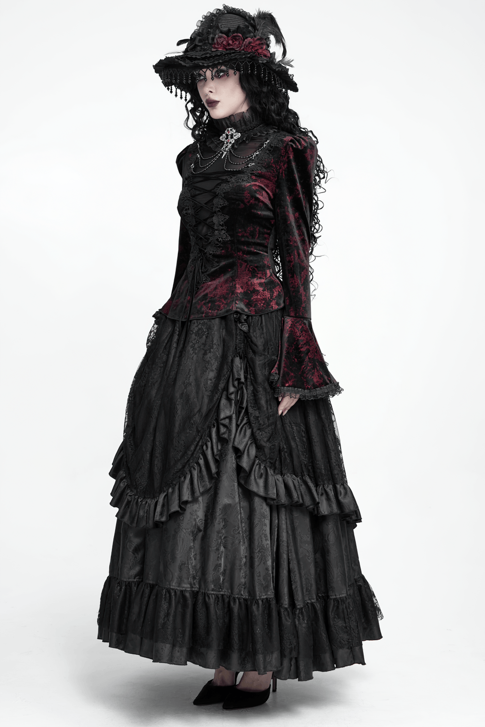 Victorian Burgundy Velvet Lace-Up Bell Sleeve Top