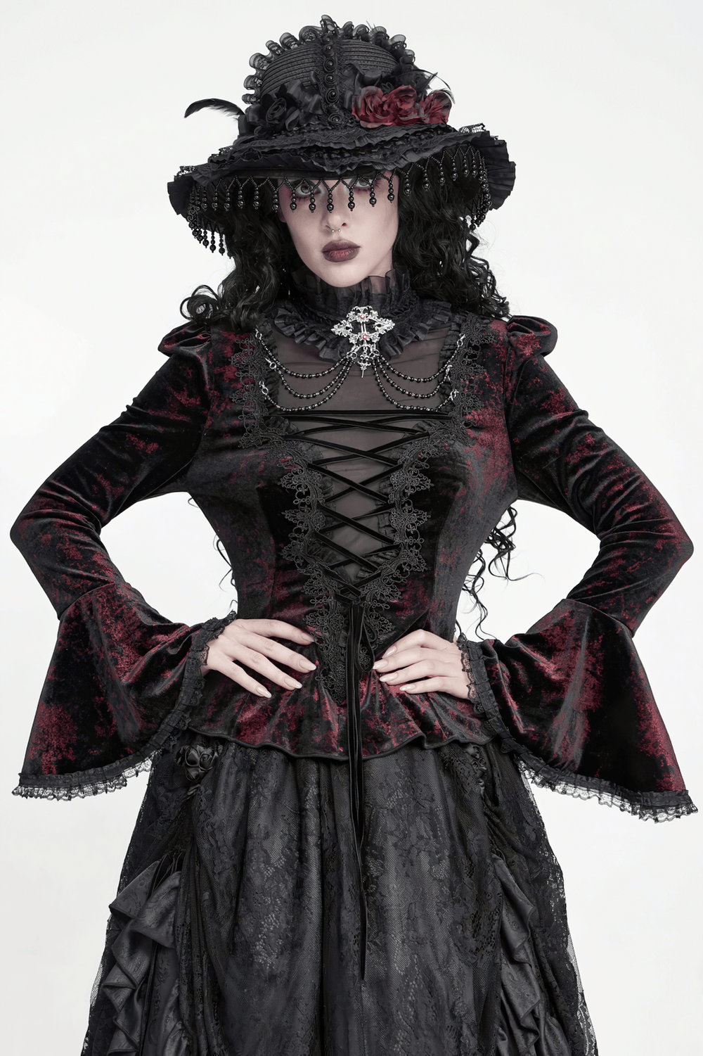 Victorian Burgundy Velvet Lace-Up Bell Sleeve Top