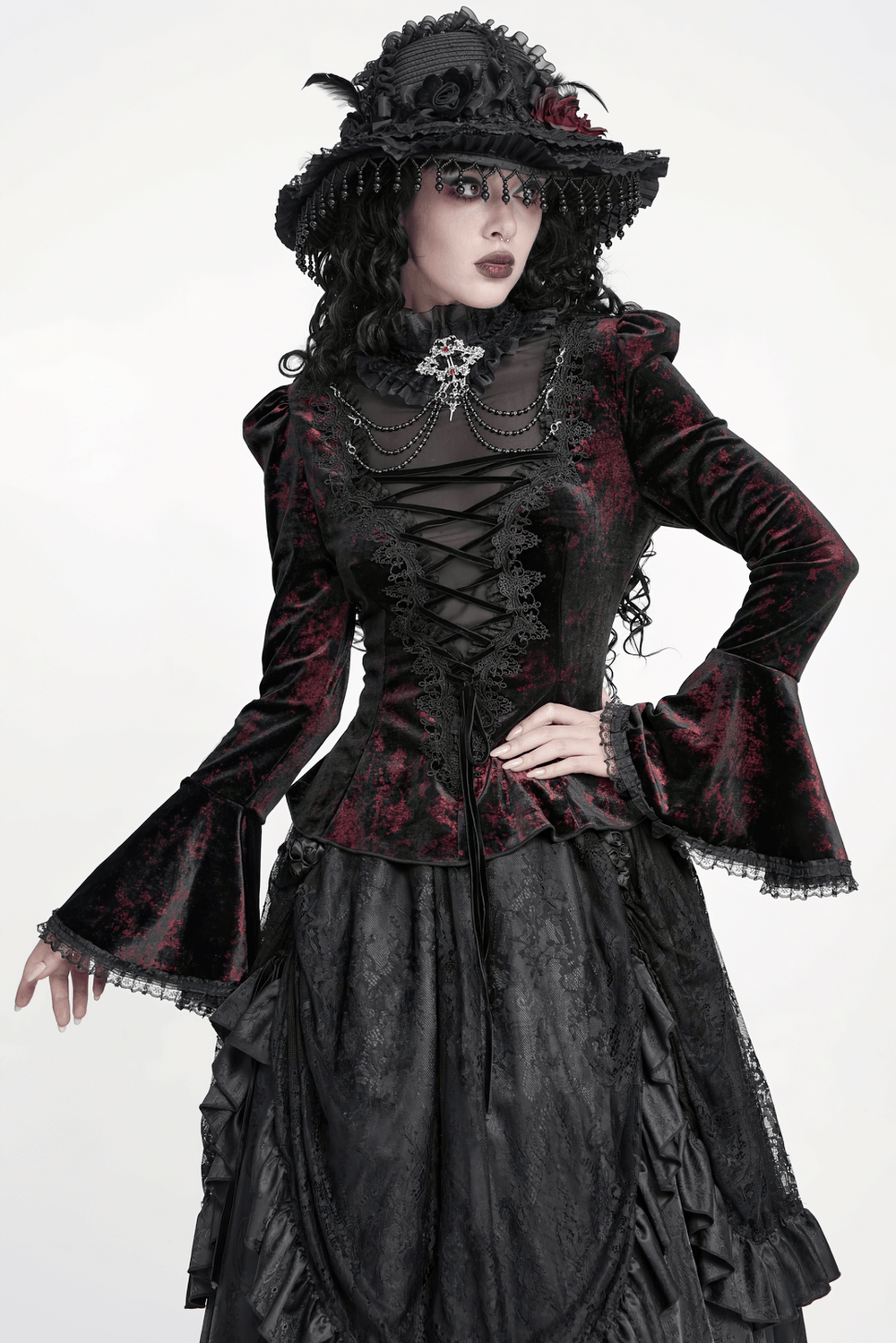 Victorian Burgundy Velvet Lace-Up Bell Sleeve Top